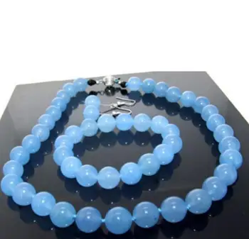 18-дюймовое ожерелье, браслет, серьги из голубого нефрита, каждая бусина с узлом 12 мм