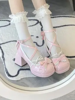 2023 Женские милые туфли-лодочки на платформе с квадратным каблуком и японским бантом в стиле милой Лолиты, женские туфли Мэри Джейнс из искусственной кожи.