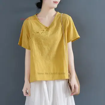 2023 китайская винтажная блузка hanfu с v-образным вырезом и национальной цветочной вышивкой хлопчатобумажная льняная блузка восточный чайный сервиз hanfu blouse