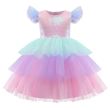 2023 Летнее платье-пачка с развевающимися рукавами для девочек, многослойное платье-пачка с блестками, радужные платья для детей, праздничное платье, детское бальное платье