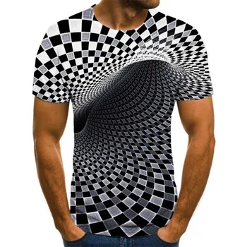 2023 Мужская 3D Сенсорная Визуальная Красочная Повседневная Клетчатая футболка в Обтяжку С Круглым вырезом, Летняя Уличная Одежда, Топ, футболка