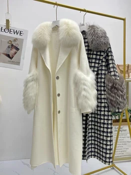 2023 Новая китайская и Корейская модная верхняя одежда, женское зимнее шерстяное пальто ручной работы, воротник из натурального лисьего меха, манжеты, Длинная шерстяная куртка