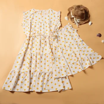 2023 Новое кружевное платье с ушками для отпуска родителей и детей, повседневный цветочный принт для мамы и дочки