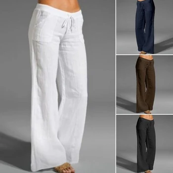 2023 новые женские повседневные брюки на завязках из хлопка и льна, белые, черные, цвета хаки, дышащие Весенне-летние прямые брюки S 4XL