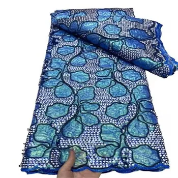2023 Синяя Высококачественная Французская Нигерийская Вышивка Сетчатые Ткани 5 Ярдов Африканской Кружевной Ткани С Блестками Для Шитья Свадебного Платья