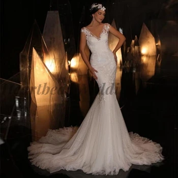 2023 Элегантное свадебное платье-русалка для невест со шлейфом, V-образный вырез, короткий рукав, Аппликация на спине, Кружевное платье с пайетками, женское платье