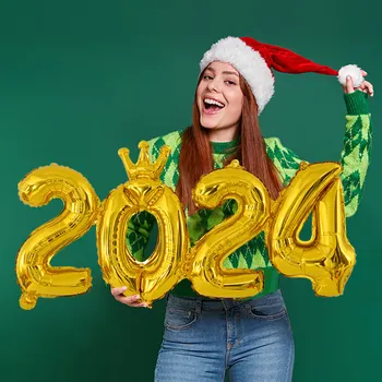 2024 Воздушные шары С Новым Годом, Фольга, золото, Розовое Золото, Серебро, цифровые воздушные шары для Рождественской вечеринки, Принадлежности для украшения домашнего фона
