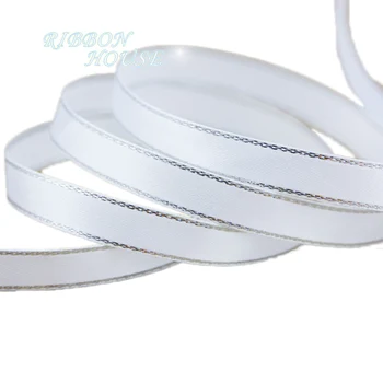 (25 ярдов/партия) Атласная лента с белым серебристым краем 10 мм, оптовая продажа высококачественных подарочных упаковочных лент