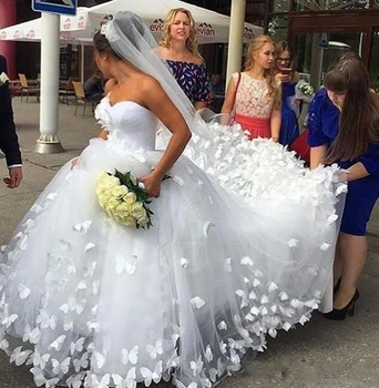 3D Бабочка Аппликации Придворный Шлейф Принцесса Тюль Невеста Милая Дубай Открытый Бальное Платье Свадебное Платье