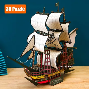 3D Деревянный пазл Винтажная парусная лодка Модель пиратского корабля Royal Queen Kit Игрушки для украшения своими руками для взрослых и детей в сборе