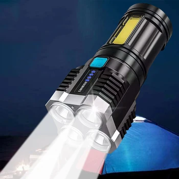 4-ядерный супер яркий фонарик, перезаряжаемый Наружный Водонепроницаемый Многофункциональный светодиодный прожектор дальнего действия, индикатор заряда батареи, COB Light