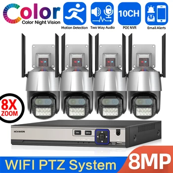 4CH 4K Wifi PTZ IP Camera System Set 8-Кратный Зум Двухобъективная Беспроводная Система Видеонаблюдения с 8-Мегапиксельной 10-Канальной Системой Безопасности POE NVR