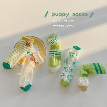 5 пар комбинированных детских носков 2023, весенне-летняя клетчатая карточка с изображением щенка, шелковые сетчатые носки, хлопковые тонкие носки