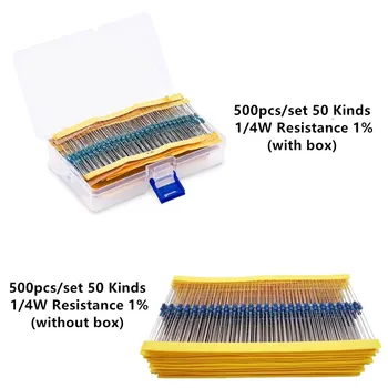 500 шт./лот 50 значений 1/4 Вт 0,25 Вт 1% Ассортимент металлических пленочных резисторов Комплект 1R-10mR 1ohm-10Mohm набор образцов резисторов