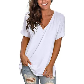 Amazon лето 2023, новый стиль, взрывная однотонная блузка с V-образным вырезом и короткими рукавами, свободная женская футболка, черная
