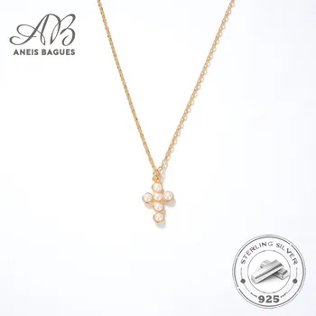 Aneis Bagues, Серебро 925 пробы, 18-Каратный Позолоченный набор, Ожерелье с крестом из пресноводного жемчуга Для женщин, Ювелирное ожерелье