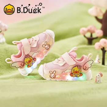 B.Duck/ Повседневные Кроссовки со светодиодной подсветкой Розово-фиолетового Цвета Для Весенних девочек; Уличная обувь с принтом; Детская Нескользящая обувь с подсветкой; Спортивная обувь от 3 до 6 лет