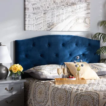 Baxton Studio Leone Современное изголовье кровати размера Queen Size, обитое темно-синей бархатной тканью