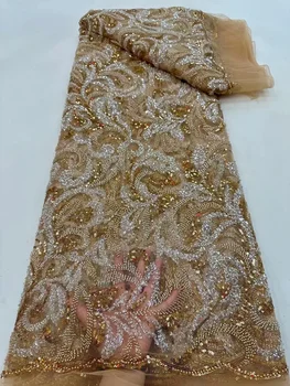 Bestway Fashion Африканская Кружевная ткань ручной работы, Вышитая бисером, 5 ярдов, Высококачественная Нигерийская Вечерние Вышивка Пайетками, Французский Тюль, Кружевная ткань