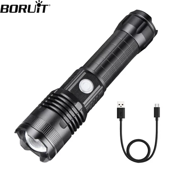 BORUiT P50 Мощный светодиодный фонарик, перезаряжаемый через USB, масштабируемый фонарь, защитный молоток, водонепроницаемый кемпинг, тактический аварийный фонарь
