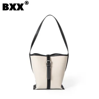 [BXX] Модные нишевые дизайнерские холщовые сумки-ведра в стиле пэчворк, женские универсальные пакеты большой емкости на одно плечо 8CY523