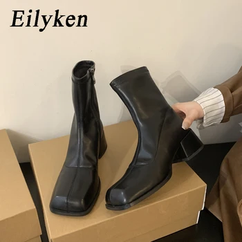 Eilyken/ Новые модные женские Ботильоны на низком квадратном каблуке, Весна-осень, Короткие пинетки на молнии, Дизайнерская женская обувь