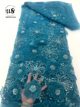 Hkg 3D кружевная ткань Новое поступление 2023 года, Высококачественное кружево ручной работы, вышивка бисером, Сетчатое кружево с блестками для вечернего платья для вечеринки