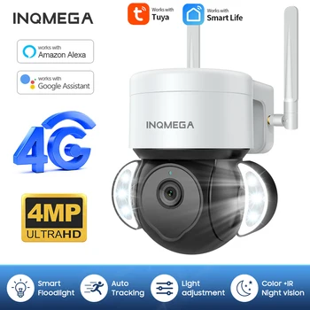 INQMEGA 4MP 2K Tuya Camera 4G SIM Система Наружного Наблюдения PTZ IP-Камера с Автоматическим Отслеживанием Скорости Купольного Видео Alexa Google Cam