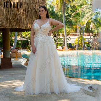 JEHETH Светло-шампанское, современные свадебные платья для женщин, большие размеры, платья для невесты на тонких бретельках, тюлевые платья трапециевидной формы, vestidos de novia
