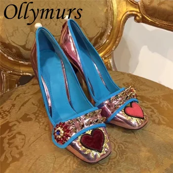 Ollymurs/ Новые Винтажные Роскошные туфли-лодочки на массивном каблуке с жемчужной кисточкой и сеткой, женские туфли на высоком каблуке с кристаллами и цветочным узором в форме сердца