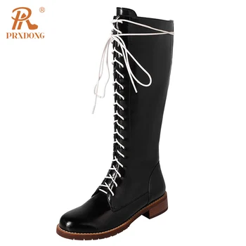 PRXDONG/ Женская обувь из натуральной кожи, сапоги до колена, осенне-зимняя теплая обувь на среднем каблуке, черное коричневое платье в стиле панк, повседневная женская обувь, 34-42