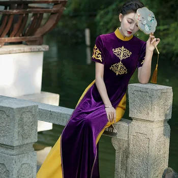 S-5XL Вьетнам Улучшить Qipao Женская Мода Длинные Брюки-Чонсам Комплект Тонких Винтажных Вечерних Платьев Китайская Новогодняя Одежда DW702