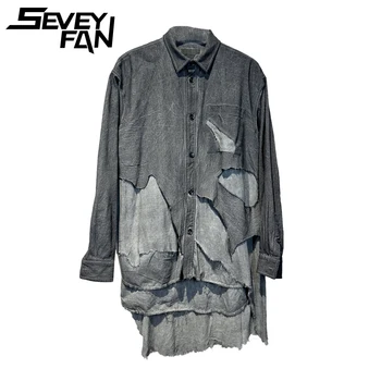 Seveyfan Мужские рубашки с дырками на улице, льняные хлопчатобумажные рубашки в стиле пэчворк, уличная одежда для мужчин