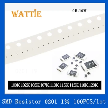 SMD резистор 0201 1% 100K 102K 105K 107K 110K 113K 115K 118K 120K 100 шт./лот микросхемные резисторы 1/20 Вт 0.6 мм*0.3 мм