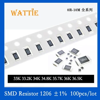 SMD резистор 1206 1% 33K 33.2K 34K 34.8K 35.7K 36K 36.5K 100 шт./лот микросхемные резисторы 1/4 Вт 3.2 мм*1.6 мм