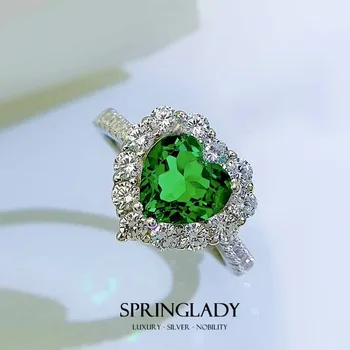 SpringLady, серебро 925 пробы, 8*8 мм, изумрудное сердце, кольца с высокоуглеродистыми бриллиантами для женщин, свадебные ювелирные подарки
