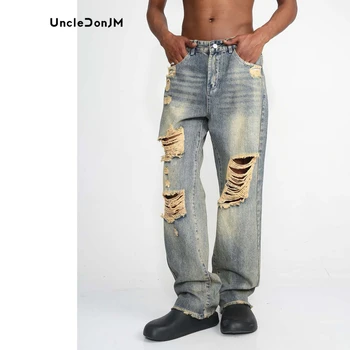 UncleDonJM Рваные Джинсы, Поврежденные прямые брюки из денима для Хай-Стрит 2023, Новые мужские повседневные джинсовые брюки с дырками
