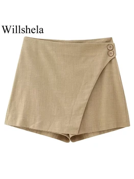 Willshela Женские модные мини юбки шорты цвета хаки с пуговицей и молнией сзади Винтажные женские шикарные шорты с высокой талией