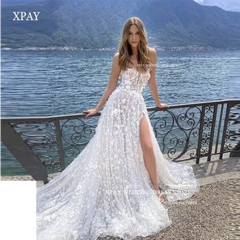 XPAY Изысканные Свадебные платья с кружевным цветочным узором трапециевидной формы, Пляжные платья с разрезом, шлейф, свадебные платья принцессы в саду, Vestidos