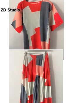 [ZD Studio] Комплекты брюк из 2 предметов Для женщин, футболка с цветным принтом, короткие рукава, Широкие брюки, Женская повседневная одежда