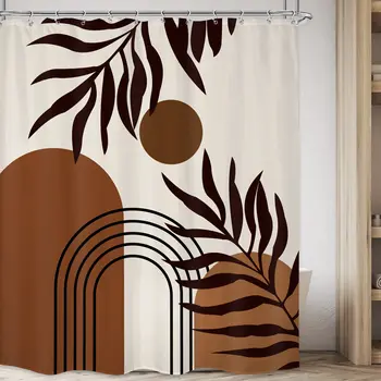 Абстрактная коричневая занавеска для душа в стиле бохо середины века, Геометрические бежевые Минималистичные Листья растений, Аксессуары для оформления экрана ванной комнаты