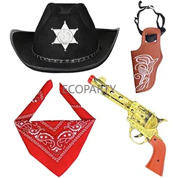 Аксессуары для ковбойского костюма, Ковбойская шляпа, бандана, игрушечные пистолеты с кобурами на поясе, Ковбойский набор для вечеринки на Хэллоуин, комплекты одежды (черный)