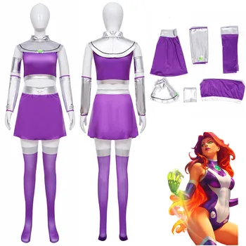 Аниме Teen Titans Starfire, женские топы для девочек, юбки, платье, носки, рукав, полный комплект, косплей на Хэллоуин, сценическая форма