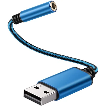 Аудиоадаптер для наушников USB-3,5 мм, внешняя стереофоническая звуковая карта для ПК, ноутбука и т. Д. (0,6 фута, синий)