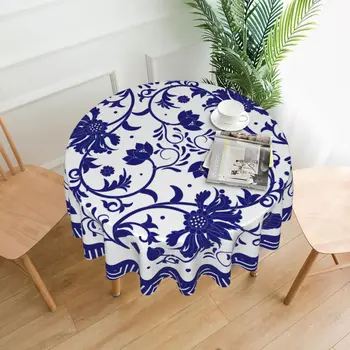 Бело-голубая фарфоровая скатерть с росписью, круглое моющееся покрытие стола для кухни, пикника, вечеринки, 60 дюймов