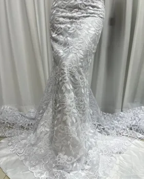 Белоснежный тюль с блестками, Африканская кружевная ткань, 5 ярдов, роскошное Французское кружевное шитье из бисера в Дубае для свадебного платья для вечеринки