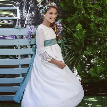 Белые французские романтические кружевные платья с цветочным узором для девочек с рукавами 3/4 для вечеринок и свадеб
