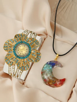 Большая цветочная тарелка Модные Женские часы-браслет, персонализированные часы с водяным бриллиантом + ожерелье с подвеской из 1 камня