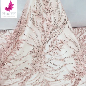 Большое количество розового тюля с блестками, свадебное платье, кружевная ткань, Женский Африканский Французский тюль с бисером, 5 ярдов HY2184