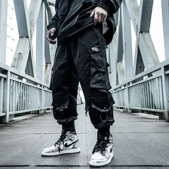 Брюки десантника Харадзюку, мужская одежда, свободные модные брюки-карго в стиле хип-хоп на завязках, комбинезон с несколькими карманами на завязках, хип-хоп